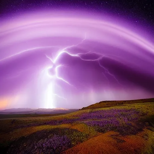 Image similar to amazing photo of a purple tornado in the sky by marc adamus, beautiful dramatic lighting