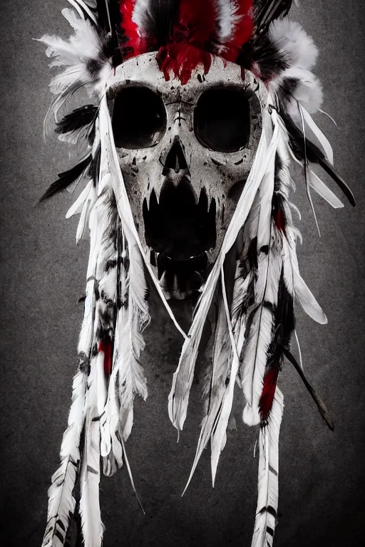 Image similar to the ghost - spirit of the grim - warpaint wears the scarlet skull armor and native blood headdress feathers, midnight fog - mist!, cinematic lighting, various refining methods, micro macro autofocus, ultra definition, award winning photo