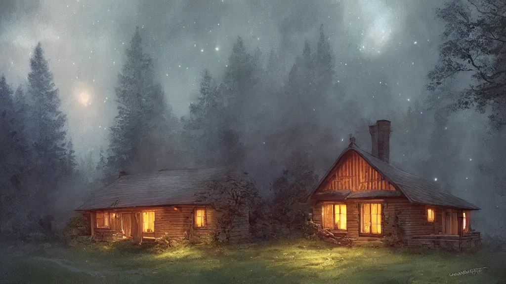 Prompt: small wooden cottage in the forest at night, smoke coming out of the chimney, nocturnal, redwood trees, peaceful, river running past the cottage, a wooden rowing boat, galaxy in the night sky, by charlie bowater, by greg rutkowski