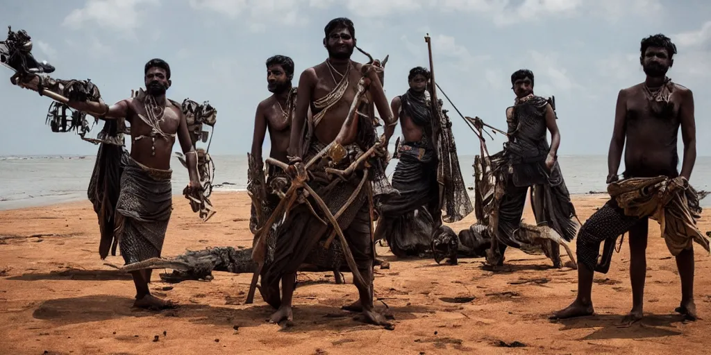 Image similar to sri lankan mad max style, ocean ship, film still, epic shot cinematography, rule of thirds