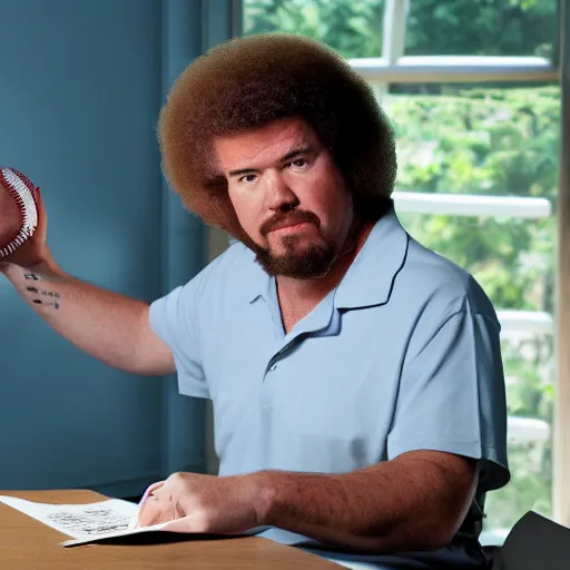 Image similar to a closeup photorealistic photograph of bob ross working on an image of kenny powers autographing a baseball on a canvas. mountains and trees. film still. brightly lit scene. this 4 k hd image is trending on artstation, featured on behance, well - rendered, extra crisp, features intricate detail, epic composition and the style of unreal engine.