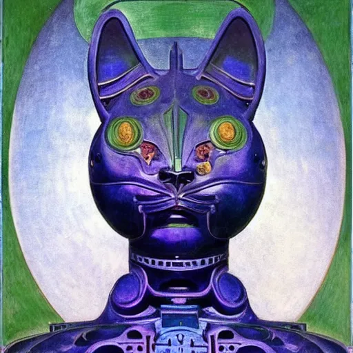 Image similar to beautiful ornate mechanical robot cat head, by annie swynnerton and diego rivera and nicholas roerich and jean delville, symbolist, dramatic lighting, god rays, elaborate geometric ornament, art brut, colors are soft greens and blues and purple, smooth, sharp focus, extremely detailed, adolf wolfli and ( donato giancola )