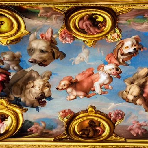 Image similar to A baroque painting of dogs running in fields of flowers, painted on the ceiling of a basilica by Michelangelo, gold and red color palette