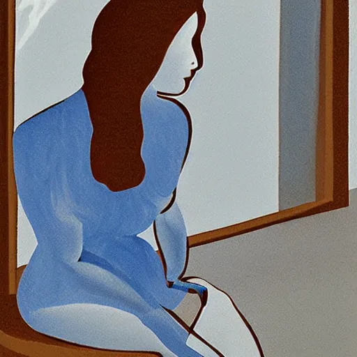Image similar to A kinetic sculpture of a beautiful young woman seated at a window, looking out at the viewer with a serene expression on her face. The light from the window illuminates her features & creates a warm, inviting atmosphere. The essence of beauty and tranquility. dark blue by George Ault delicate, ghostly