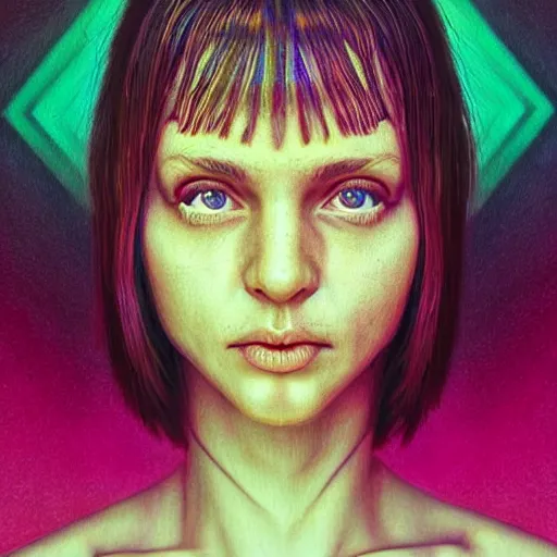 Image similar to random girl, symmetry, anotomy true, realistic, wide focus, 8k, ultra HD, soft light, RTX on, VFX, octane render, pixiv, pinterest, colorful, more reflection, insanely detailed, art by famous artist, art by Laurie Lipton