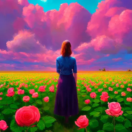 Image similar to large rose for face, girl frontal in a flower field, surreal photography, sunrise dramatic light, impressionist painting, colorful clouds, digital painting, artstation, simon stalenhag