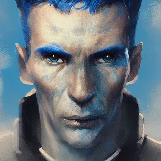 Image similar to portrait of a blue skin man by greg rutkowski, short black hair in military style, tall, star wars expanded, universe, he is about 5 0 years old, wearing white colored imperial admiral uniform, artstation hq