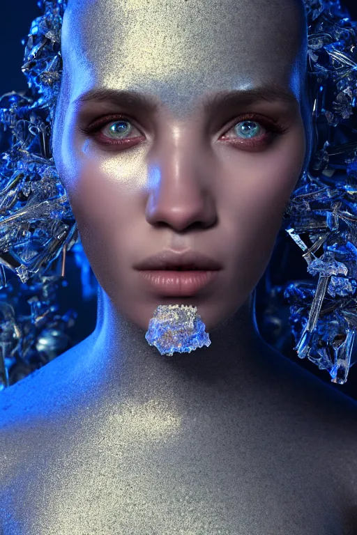 Image similar to skin concept anthropomorph, biopunk, in full growth, magical crystals, smoky crystals, translucent crystals, luminous sparkling crystals, many details, 3 d, cinematic, hyper realism, high detail, octane render