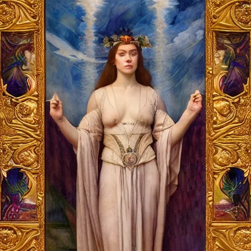 Image similar to princess of the dawn, by annie swynnerton and charlie bowater and diego rivera and nicholas roerich and jean delville and evelyn de morgan, dramatic lighting, brocade robes, elaborate floral ornament, rich colors, smooth sharp focus, extremely detailed, donato giancola, adolf wolfli