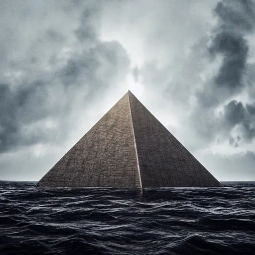 Prompt: brutalist pyramid fortress in the ocean, storm, highly realistic, octane render, ominous vibe, highly detailed, dark