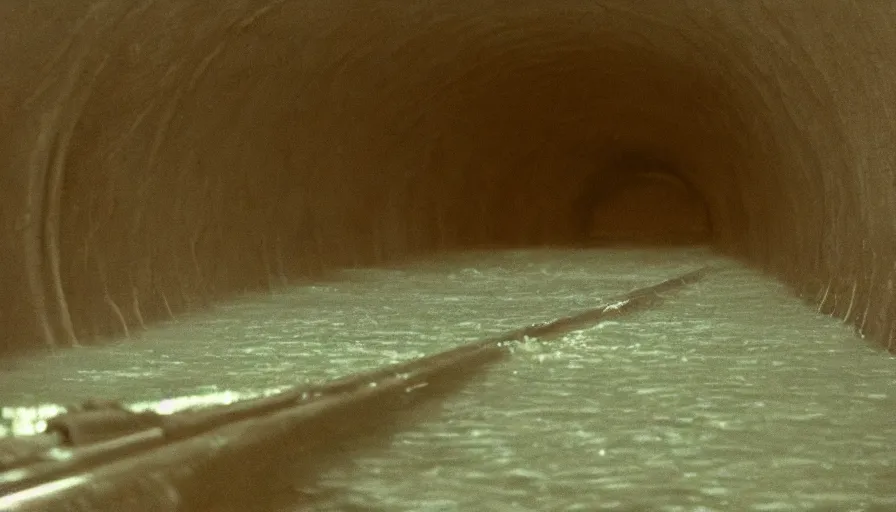 Prompt: 7 0 s movie still of an empty soviet stalinist style tunnel flooded in water, eastmancolor, heavy grain, high quality, high detail