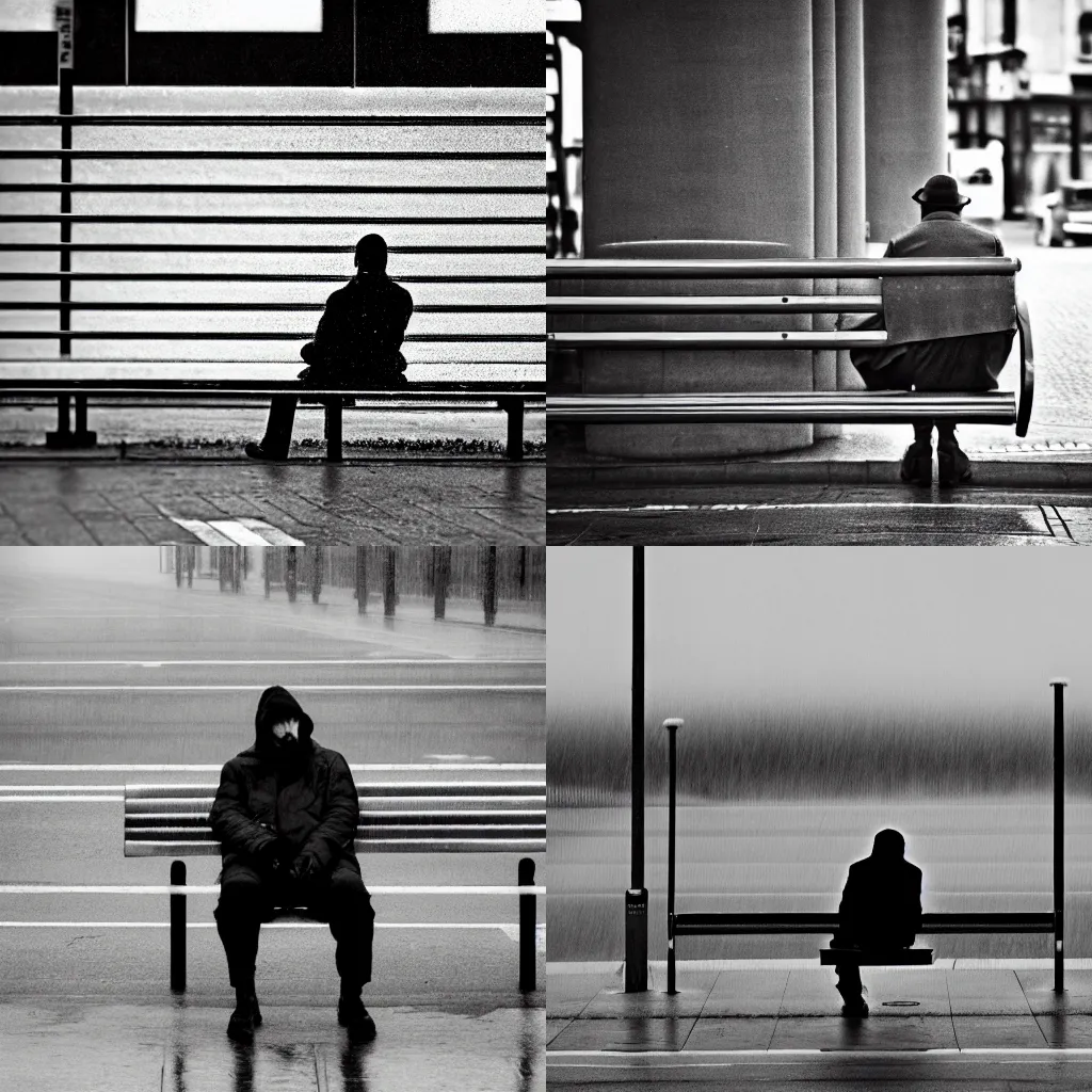 Prompt: lonely man waiting at the bus stop on moody weather, philippe halaburda