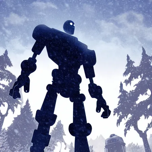 Image similar to the iron giant standing stoically in the snow after a battle with the U.S.millitary, full body image, highly detailed, deep aesthetic, 4k, highly ornate intricate details, rich colors, digital artwork, symmetrical, ray tracing,