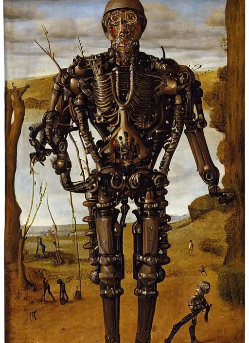 Image similar to cybernetic exoskeleton cyborg farmer by Jan van Eyck