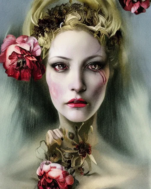 Prompt: a beautiful and eerie baroque painting of a gorgeous but sinister woman in layers of fear, with haunted eyes and wild blonde hair, 1 9 7 0 s, seventies, floral wallpaper, wilted flowers, a little blood, morning light showing injuries, delicate embellishments, painterly, offset printing technique, by brom, robert henri, walter popp