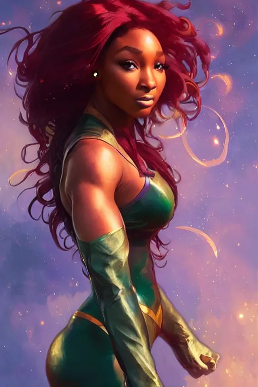 Image similar to normani as starfire profile picture by Greg Rutkowski, dynamic pose, matte painting, intricate, fantasy concept art, elegant, by Stanley Artgerm Lau, WLOP, golden ratio, thomas kindkade, alphonse mucha, loish, norman Rockwell,