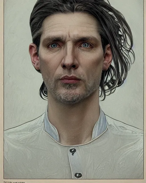 Prompt: portrait of 4 0 - year - old man with white hair with a pale complexion, pointed face and grey eyes, clear smooth face, no beard wearing black clothes, hyper realistic face, beautiful eyes, close up, fantasy art, in the style of greg rutkowski, intricate, alphonse mucha, hyper detailed, smooth