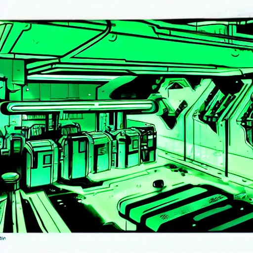 Image similar to a scifi illustration, factory interior dark with neon green vats of fluid. seen from above, parallax bloom effect, heavy linework line brush, graphic novel style