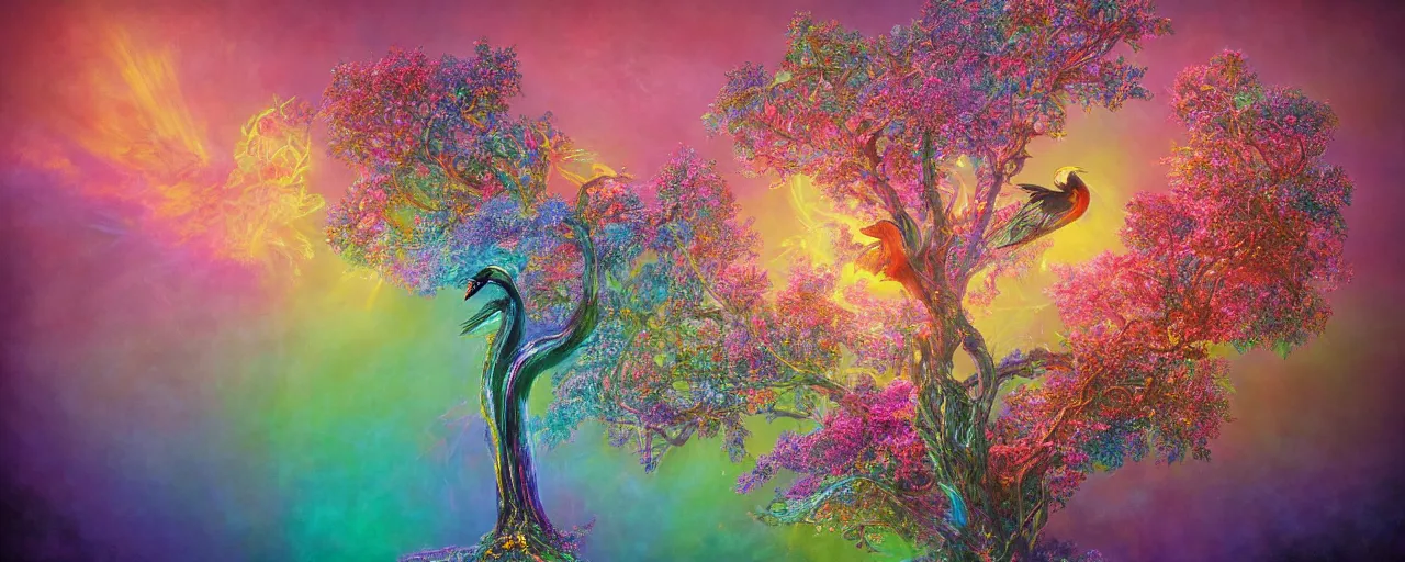 Image similar to a luminous baroque springtime fairytale an of iridescent cormorant bird perched atop the beautiful colorful blooming tree. Glorious heavenly pastel light shining upon and illuminating the impressive symmertrical centered Tree of Life. Paradise Lost, colorized. By Gustave Doré, colorful, light, oil on canvas, light colorful pastel color scheme. Volumetric lighting, rendered with unreal engine 5, Octane, trending of CGSociety. Neon light, masterpiece 4k digital illustration, award winning, Artstation, intricate details, realistic, panoramic view, volumetric lighting, Hyperdetailed, 8k resolution, intricate art nouveau, rendered in Unreal Engine 3