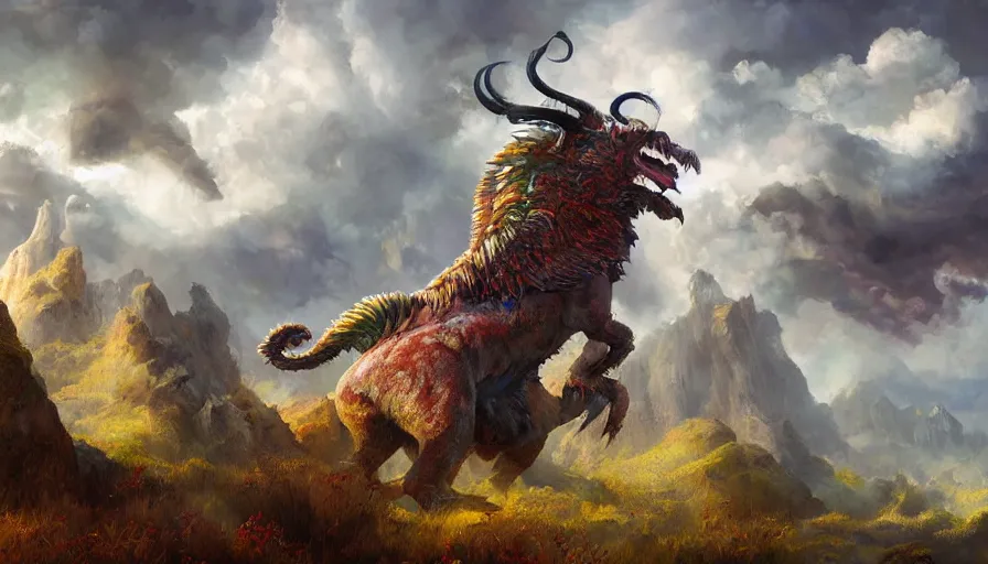 Image similar to excellent painted mythical creature in a surreal landscape in another dimension with fluffy clouds, painted by Hans Fredrik Gude, Greg Rutkowksi, Craig Mullins and Artgerm, concept art 2022, 4k, ultra realistic highly detailed oil painting