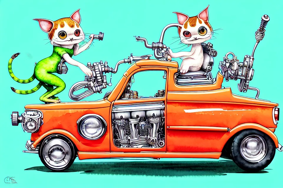 Image similar to cute and funny, margay riding in a tiny street rod with oversized engine, ratfink style by ed roth, centered award winning watercolor pen illustration, isometric illustration by chihiro iwasaki, edited by range murata, tiny details by artgerm and watercolor girl, symmetrically isometrically centered