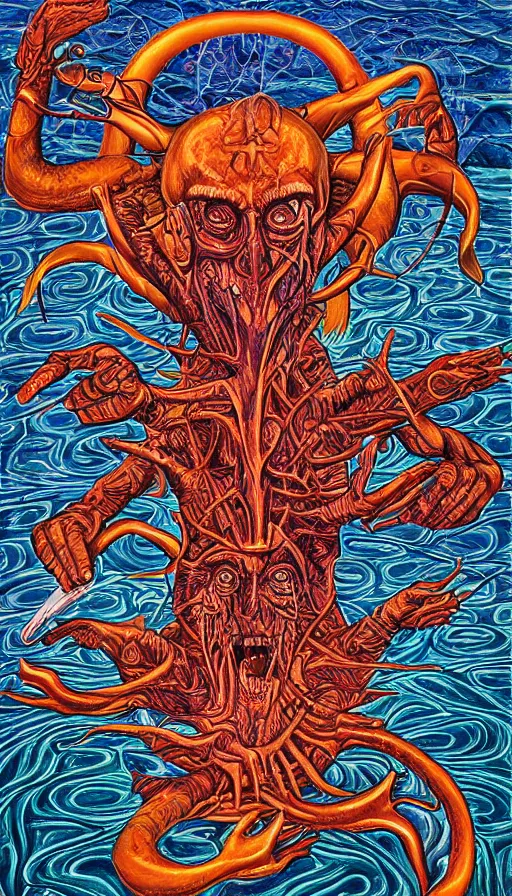 Image similar to man on boat crossing a body of water in hell with creatures in the water, sea of souls, by alex grey,