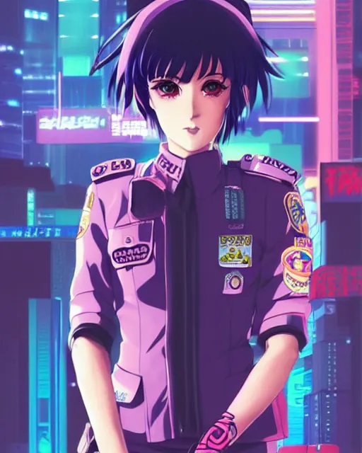 Image similar to police officer girl very very anime!!! fine face, audrey plaza, realistic shaded perfect face, fine details. anime. realistic shaded lighting cyberpunk futuristic neon tattoos styled hair reflective puffy sheen film jacket decorated poster by ilya kuvshinov katsuhiro otomo ghost in the shell