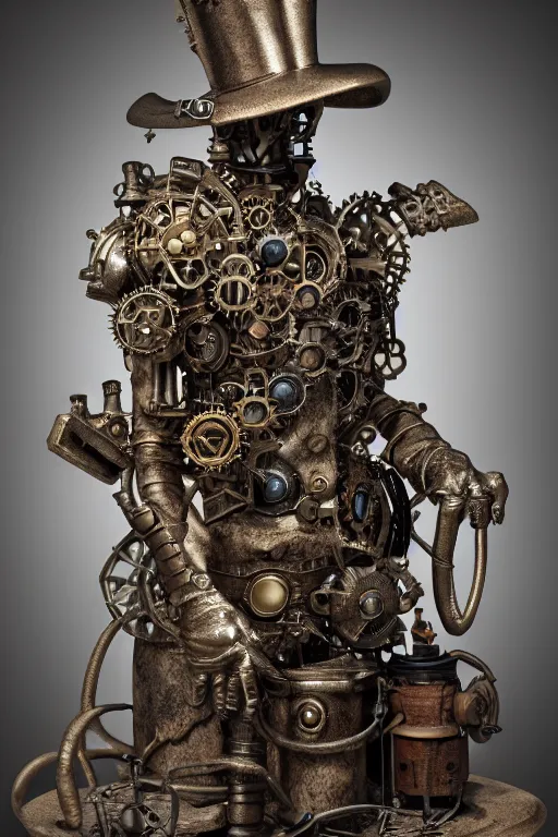 Prompt: hyper real photograph of a steampunk gogotte statue