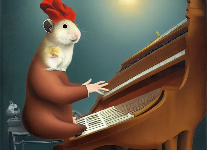 Image similar to a hamster playing piano, lowbrow in the style of camille rose garcia and mark ryden and salvador dali, 8 k, matte painting