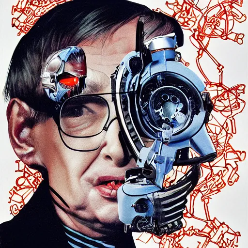 Image similar to portrait of stephen hawking as a stempunk cyborg, clockwork automaton, hanafuda oil on canvas by ivan shishkin, james jean and yoji shinkawa