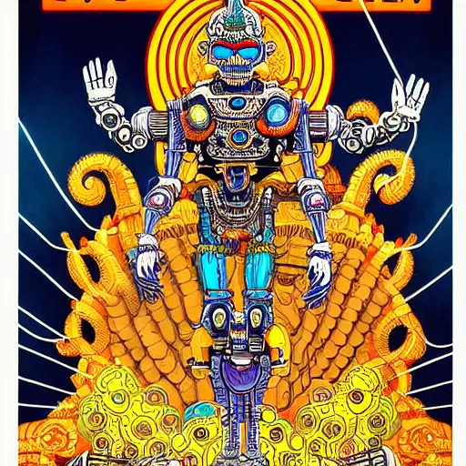 Image similar to detailed intricate color comic poster illustration of a Hindu god with a halo as an evil cyborg alien robot with lots of arms, cyberpunk, sistine chapel, davinci, religion, Hindu, vishnu, akira, dystopian, sci-fi, geof darrow, transmetropolitan, ronin