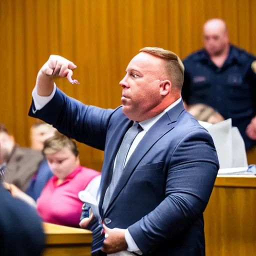 Prompt: Alex Jones desperately reaching for his out of reach phone in the courtroom, EOS 5DS R, ISO100, f/8, 1/125, 84mm, RAW, sharpen, unblur