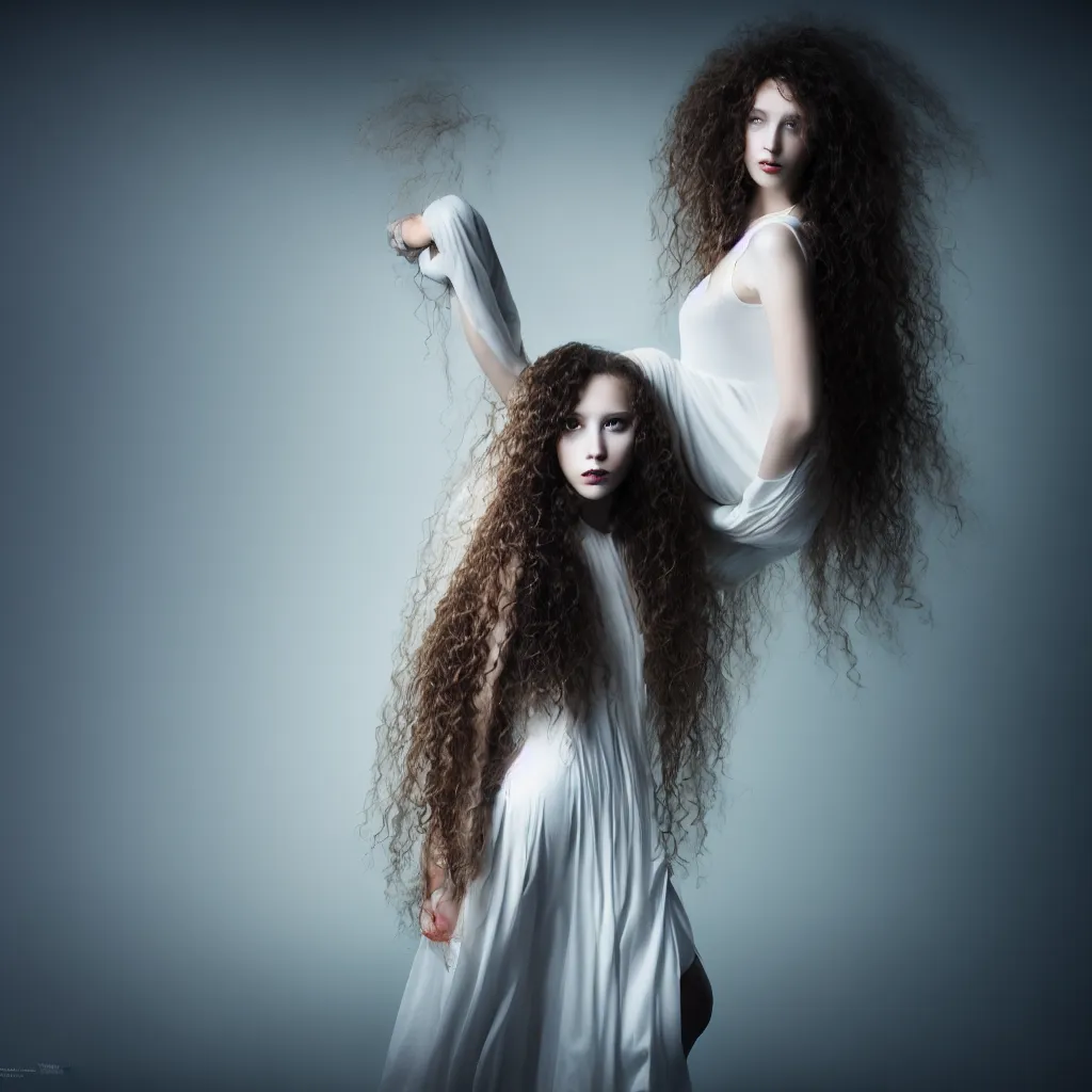 Image similar to a young woman with long curly hair, dressed in long white, light painting in style of Paolo Roversi, professional studio lighting, dark background, hyper realistic photography, fashion magazine style