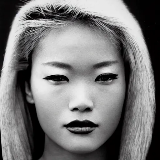 Prompt: black and white vogue closeup portrait by herb ritts of a beautiful female model, japanese, high contrast