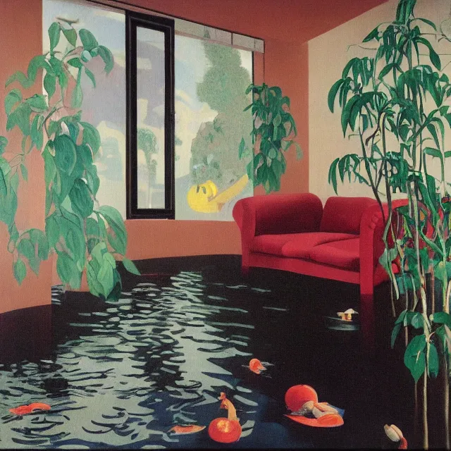 Image similar to painting of flood waters inside an apartment, tall female emo art student, a river flooding indoors, pomegranates, pigs, ikebana, water, river, rapids, waterfall, black swans, canoe, berries, acrylic on canvas, surrealist, by magritte and monet