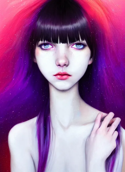 Image similar to hair whitebangs hair, black hair, whitebangs, portrait of teenage girl with white bangs, red irises, purple clothes, white bangs, bangs are different color from hair, intricate, elegant, glowing lights, highly detailed, digital painting, artstation, concept art, smooth, sharp focus, illustration, art by wlop, mars ravelo and greg rutkowski