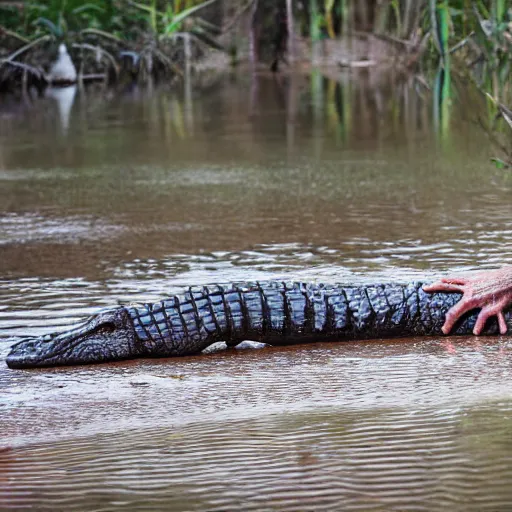 Image similar to human crocodile werecreature, photograph captured at woodland creek