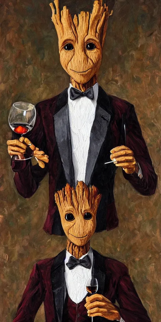 Image similar to portrait painting of the groot as a gentleman wearing tuxedo drinking wine, masterpiece, artwork