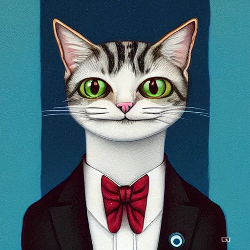 Image similar to portrait illustration of funny cat in the tuxedo by jeremiah ketner, quint buchholz, wlop, dan mumford