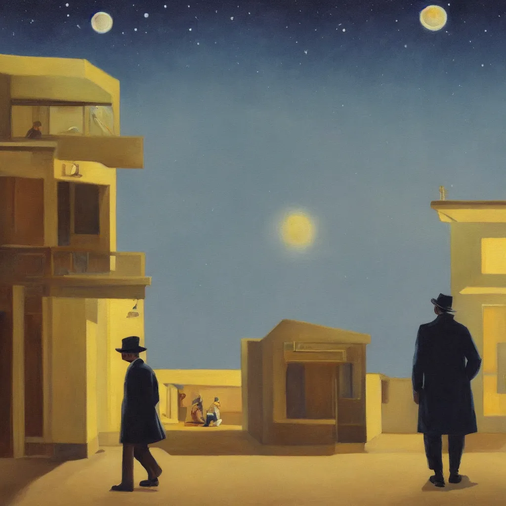 Image similar to a painting of a man walking down a lonely street on another planet at night and the sky is the universe, the head of the man is a skull, he is wearing a trenchcoat, in the style of edward hopper, 4 k,