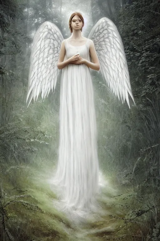 Prompt: a beautiful angel in white dress in a forest, inspired by thomas eakes & greg rutkowski & xiang duan, perfect symmetry, magic realism, post - processing, extremely hyper - detailed, intricate, soft - lighting, lifelike attributes, masterpiece, pastel'