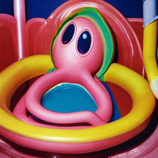 Prompt: an anthropomorphic intestine in a bathtub, live-action children's television show, 1974, technicolor