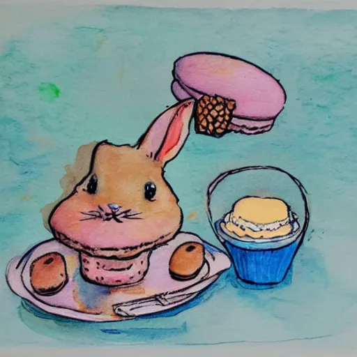 Prompt: A bunny wearing a baker's hat, a plate of macarons on the table. Water Colors, 2017