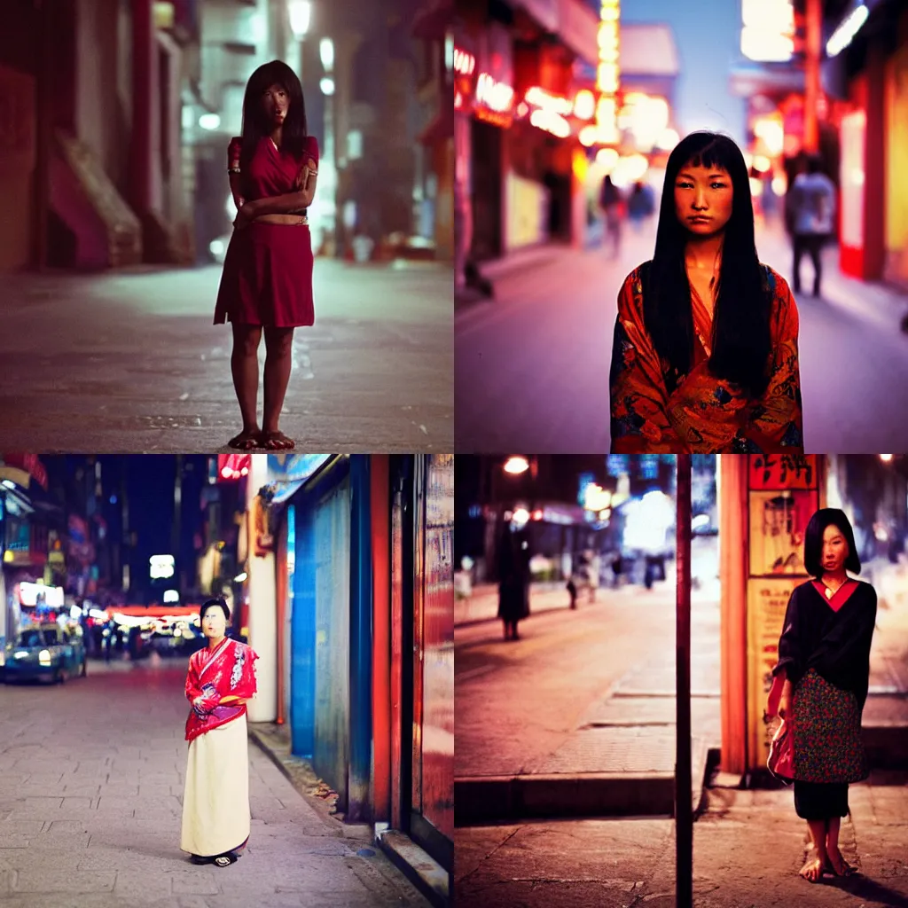 Prompt: woman, beautiful asian, standing in front of the camera, emotionless, night street, staring at the camera, blue and red, city lights, by steve mccurry, photograph, portrait