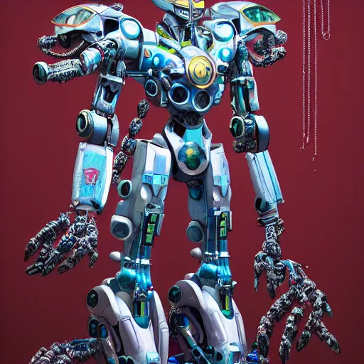 Image similar to spirit shaman power suit mecha. mobile combat suit artillery rococo robot, evangelion, droids, zoids, cyberpunk mechanoid, hyperdetailed illustration by irakli nadar, alexandre ferra, faberge, coral headdress, radiant light, detailed and intricate environment