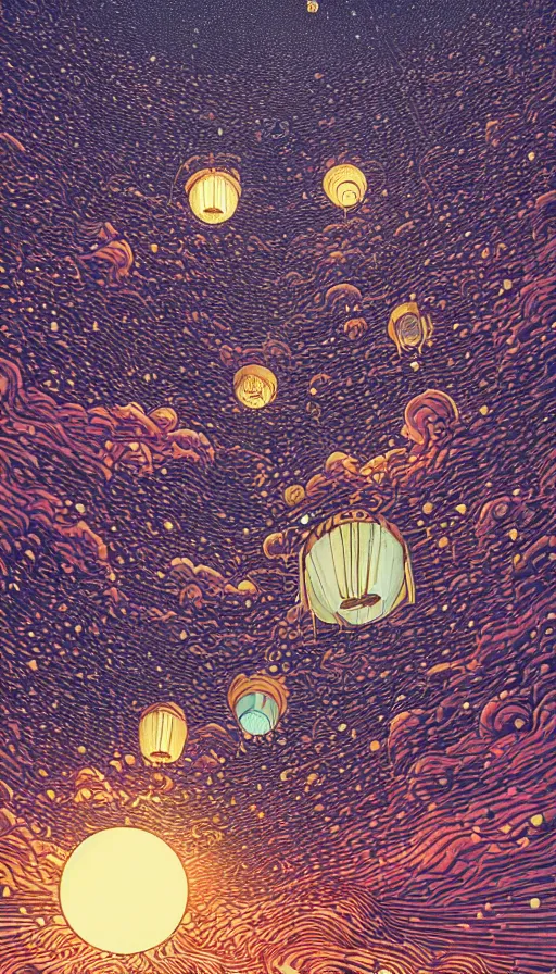 Image similar to million tiny lanterns floating on cosmic cloudscape, futurism, dan mumford, victo ngai, kilian eng, da vinci, josan gonzalez