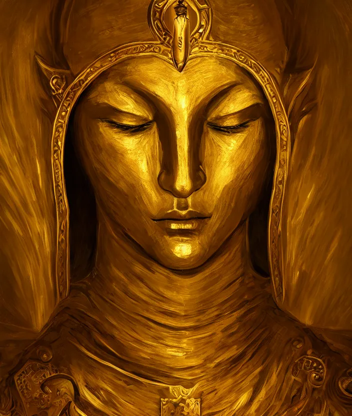 Prompt: a golden saint emerges from the door to cyrodiil, oil painting, aesthetic face, symmetrical face, magic, oblivion, morrowind, skyrim, skywind, skyblivion, dark, gloomy, portrait, character portrait, concept art, symmetrical, 4 k, macro detail, realistic shadows, bloom, cosplay, dviant art