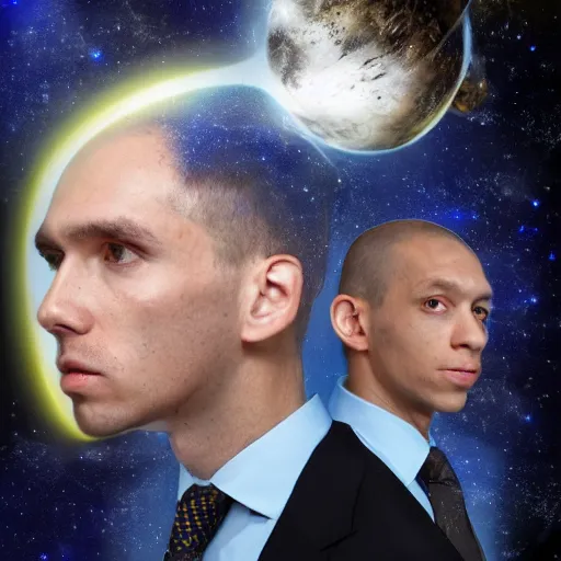 Prompt: double exposure portrait split in the middle, showcasing one astronaut and one chimpanzee in a suit posing with space in the background, pencil art, high definition, dynamic lighting stars, sharpness, golden ratio