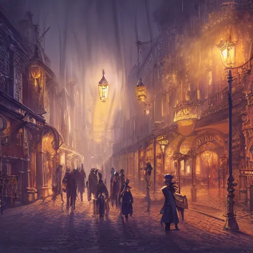 Image similar to fantasy steampunk victorian city, with people walking on the streets, at night, 4k, concept art