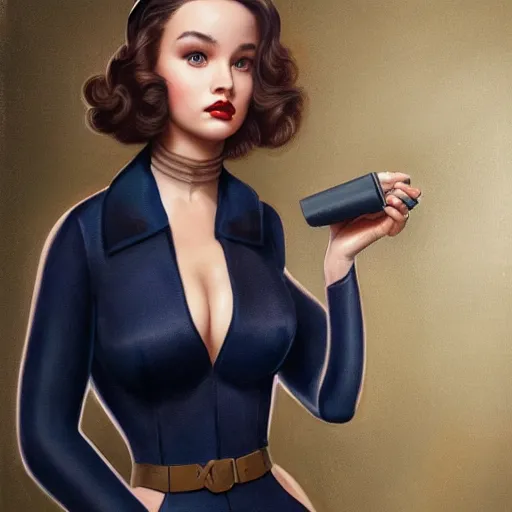 Image similar to tom bagshaw portrait, beautiful femme fatale mix of dove cameron madison beer bella poarch in a full navy marine suit, 1 9 5 0 pinup look, professionally retouched, focus eyes, ultra realistic soft painting, insanely detailed linework, symmetrical accurate intricate features, behance, 8 k